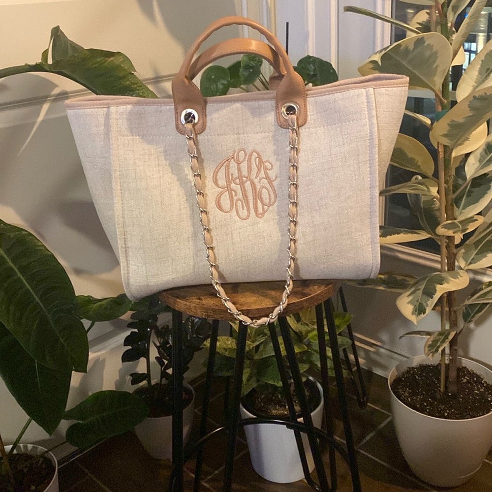 Monogrammed Cream and Tan Tote with Chain Detail
